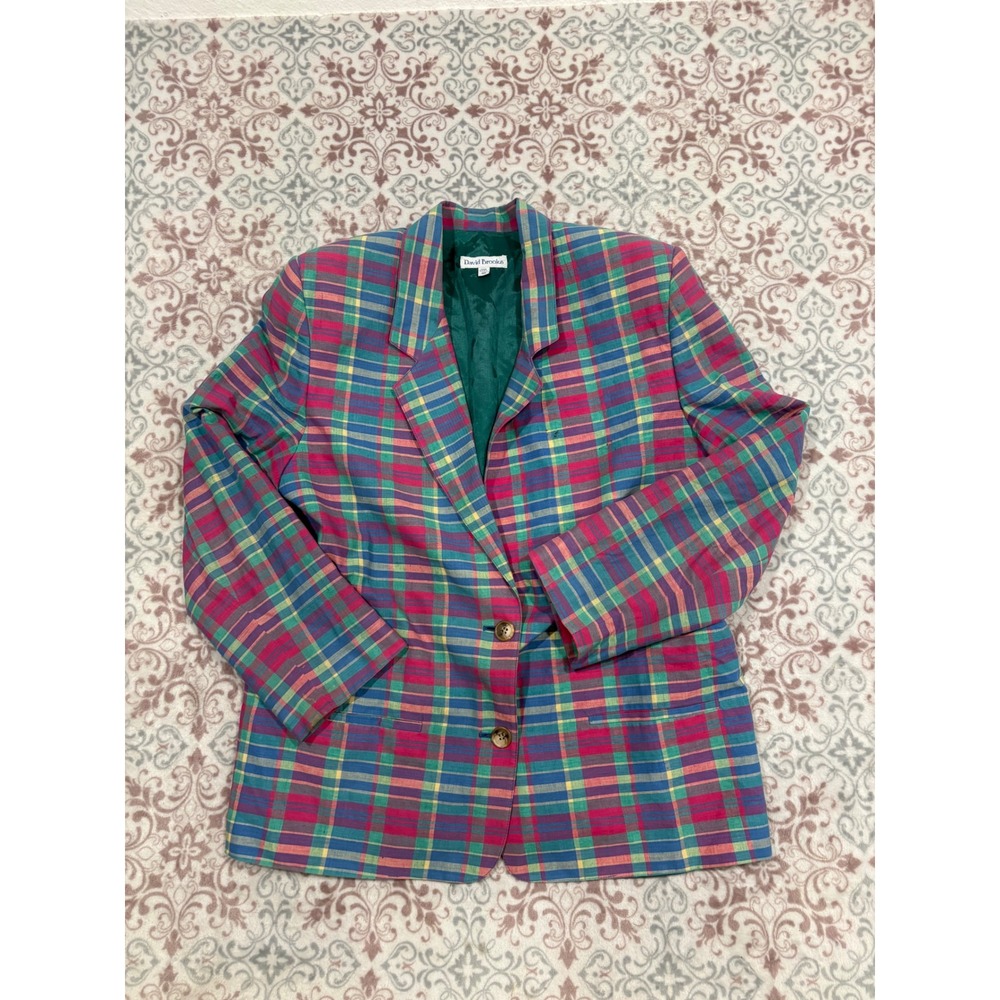 Vintage David Brooks Plaid Blazer Jacket Size 10 Multi Color Cotton Made in USA